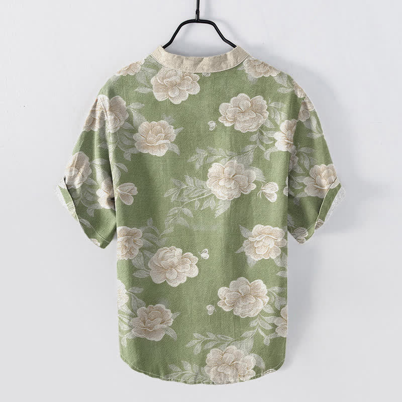 Nimara Ritual Cotton Vintage Peony Bloom Pattern Men's Short Sleeve Half Button Shirt