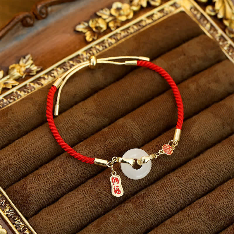 Nimara Ritual White Jade Red String Fu Character Braided Blessing Bracelet