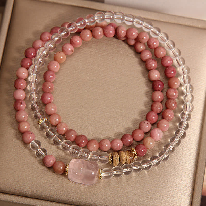Nimara Ritual Rhodonite Clear Quartz Rose Quartz PiXiu Triple Wrap Bracelet