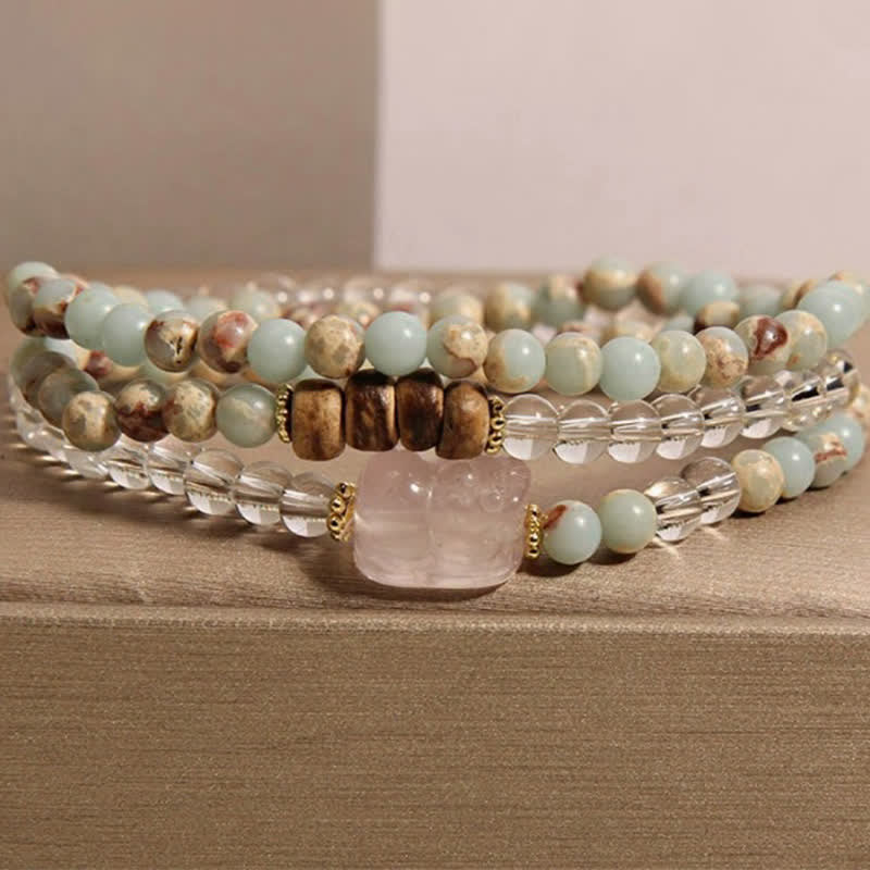 Nimara Ritual Rhodonite Clear Quartz Rose Quartz PiXiu Triple Wrap Bracelet