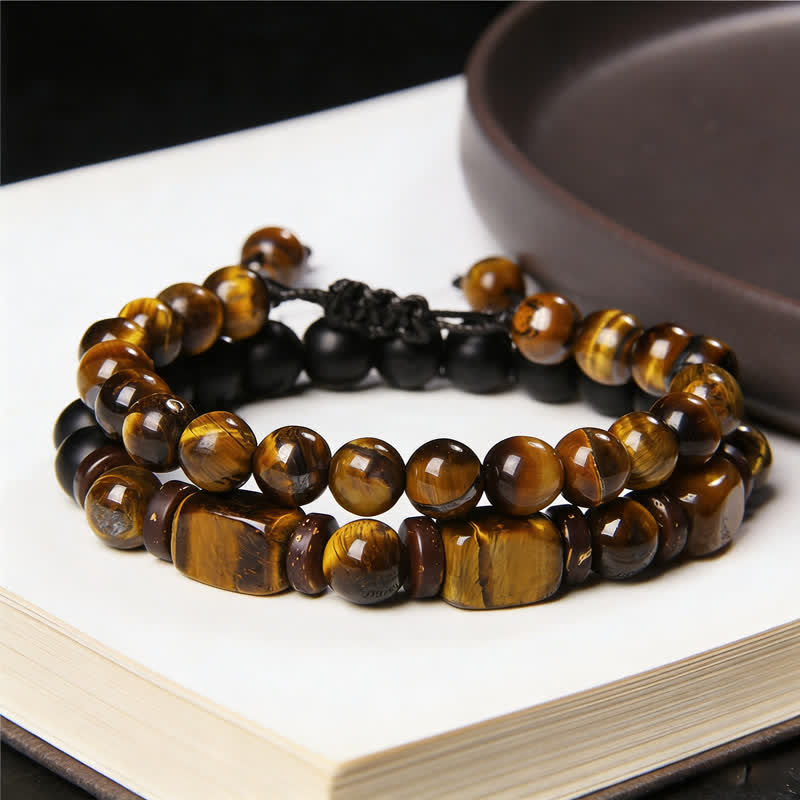 Nimara Ritual 2Pcs Tiger Eye Hematite Square Double Wrap Beaded Strength Bracelet