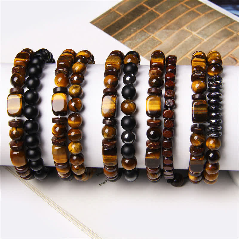Strength and Support 2Pcs Tiger Eye Hematite Square Double Wrap Beaded Bracelet