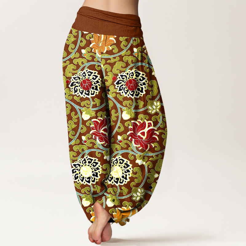 Nimara Ritual Pure Cotton Bohemian Lotus Vine Pattern Women's Elastic Waist Harem Pants