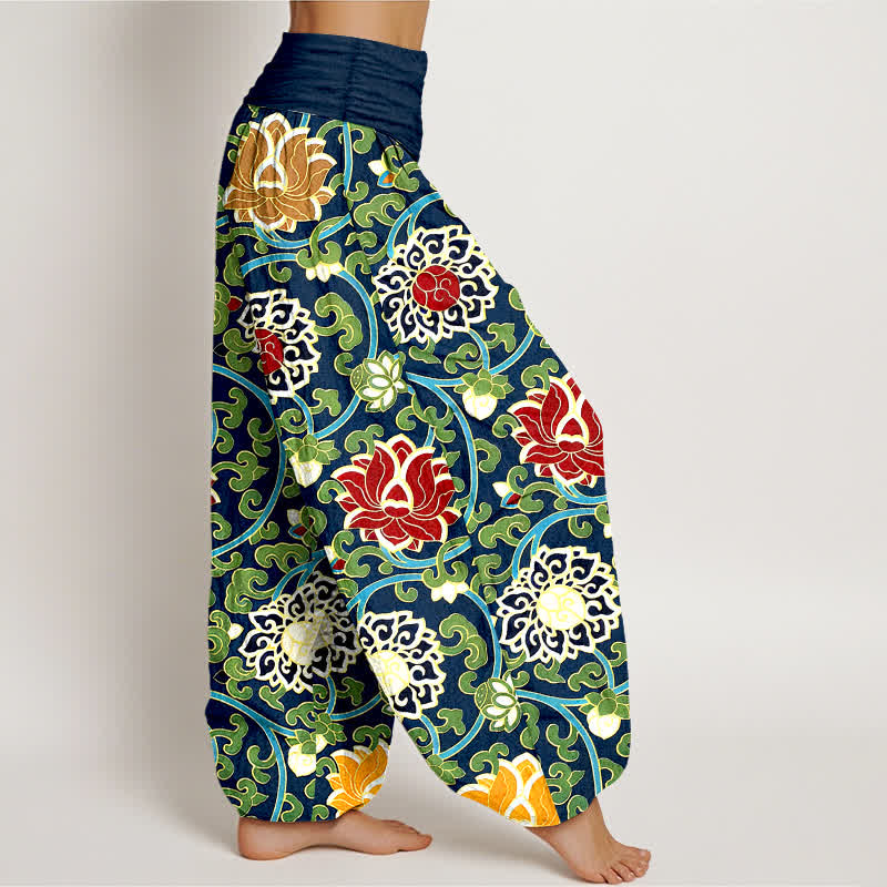 Nimara Ritual Pure Cotton Bohemian Lotus Vine Pattern Women's Elastic Waist Harem Pants