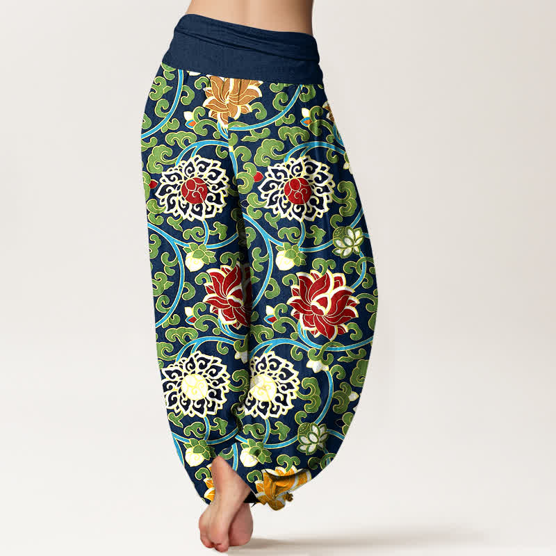 Nimara Ritual Pure Cotton Bohemian Lotus Vine Pattern Women's Elastic Waist Harem Pants
