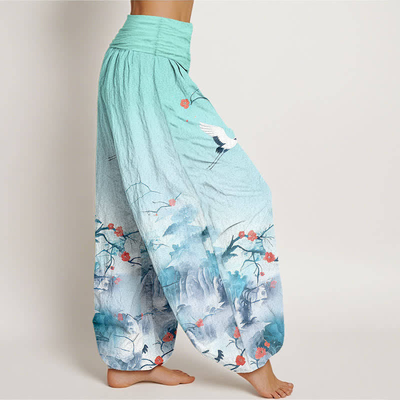 Nimara Ritual Pure Cotton Blue Ombre Crane Blossom Pattern Women's Elastic Waist Harem Pants