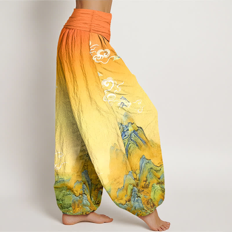 Nimara Ritual Pure Cotton Ink Wash Mountain Gradient Pattern Women's Elastic Waist Harem Pants