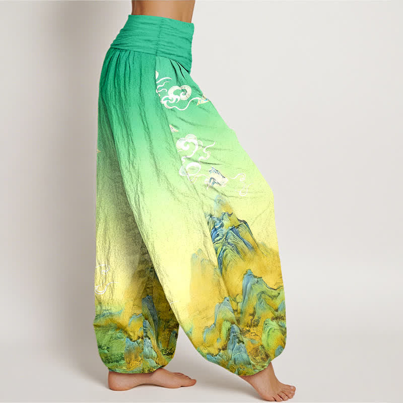 Nimara Ritual Pure Cotton Ink Wash Mountain Gradient Pattern Women's Elastic Waist Harem Pants