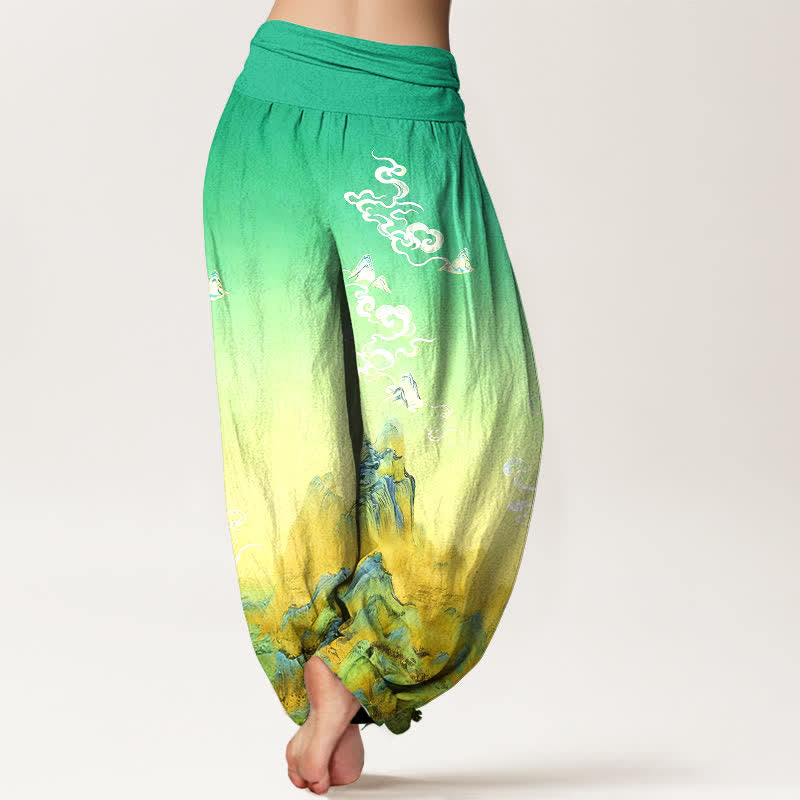 Nimara Ritual Pure Cotton Ink Wash Mountain Gradient Pattern Women's Elastic Waist Harem Pants