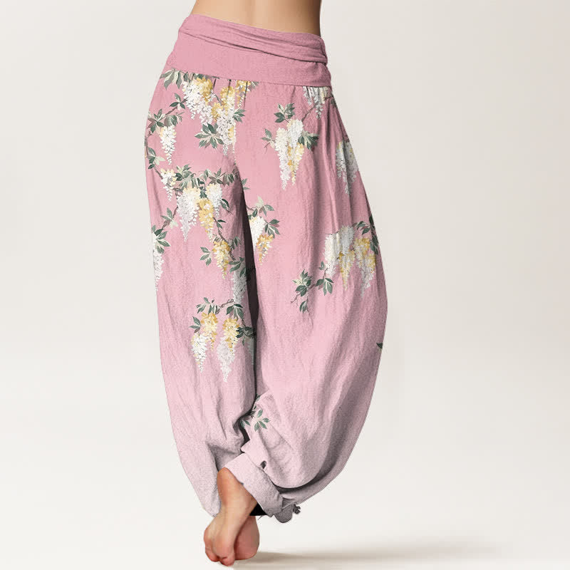 Nimara Ritual Pure Cotton White Yellow Blossom Cluster Pattern Women's Elastic Waist Harem Pants