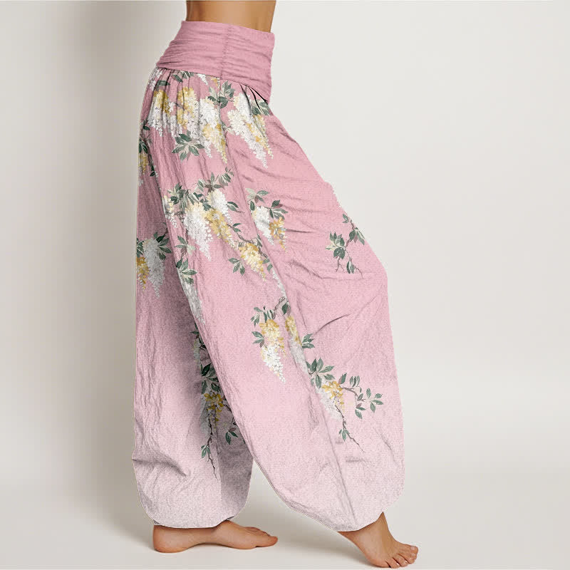 Nimara Ritual Pure Cotton White Yellow Blossom Cluster Pattern Women's Elastic Waist Harem Pants