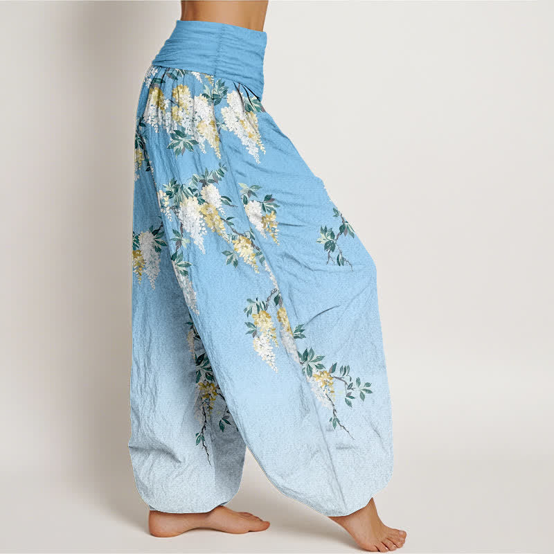 Nimara Ritual Pure Cotton White Yellow Blossom Cluster Pattern Women's Elastic Waist Harem Pants