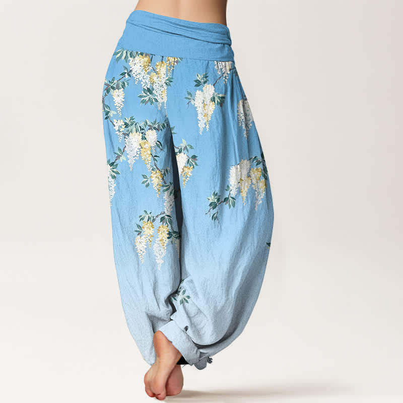 Nimara Ritual Pure Cotton White Yellow Blossom Cluster Pattern Women's Elastic Waist Harem Pants