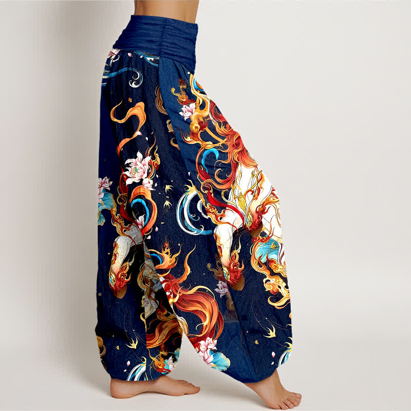 Nimara Ritual Pure Cotton Mythical Phoenix Flame Pattern Women's Elastic Waist Harem Pants
