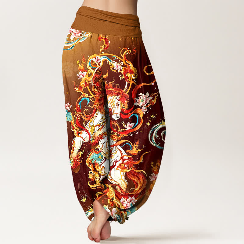 Nimara Ritual Pure Cotton Mythical Phoenix Flame Pattern Women's Elastic Waist Harem Pants