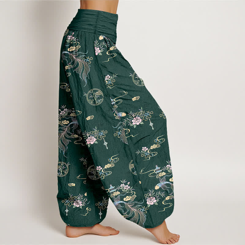 Nimara Ritual Pure Cotton Oriental Cloud Floral Pattern Women's Elastic Waist Harem Pants