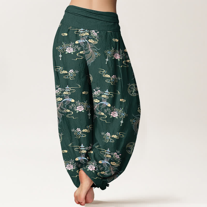 Nimara Ritual Pure Cotton Oriental Cloud Floral Pattern Women's Elastic Waist Harem Pants