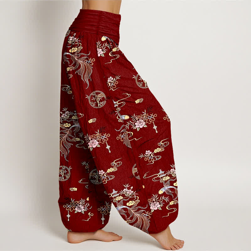 Nimara Ritual Pure Cotton Oriental Cloud Floral Pattern Women's Elastic Waist Harem Pants
