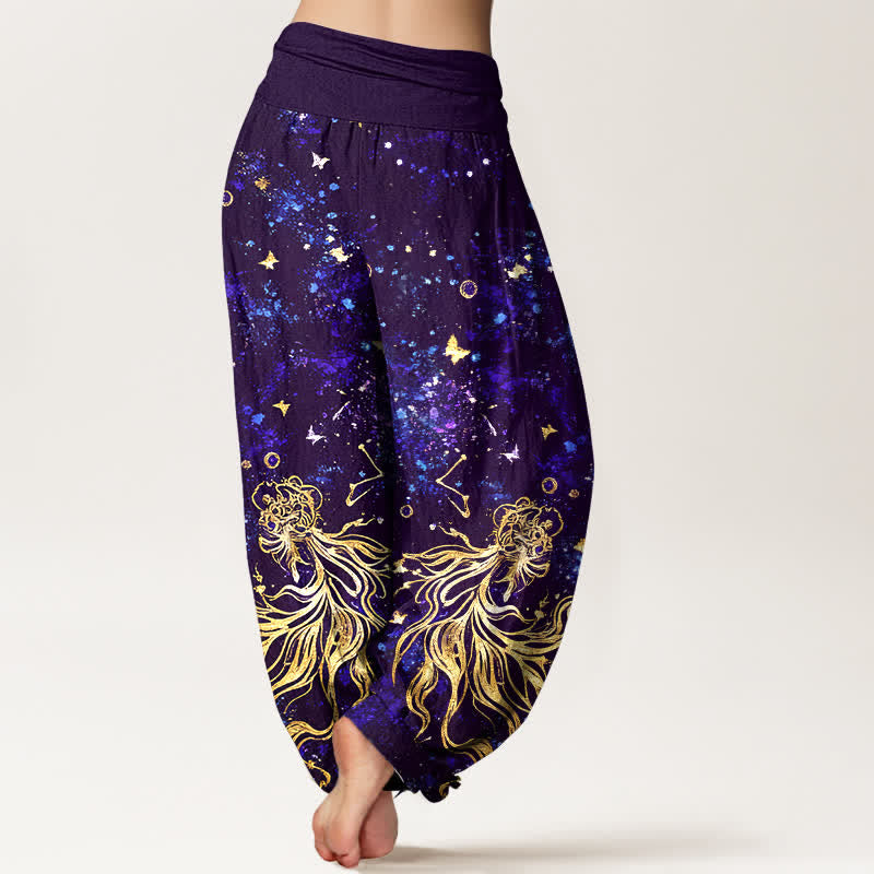 Nimara Ritual Pure Cotton Celestial Galaxy Butterfly Pattern Women's Elastic Waist Harem Pants