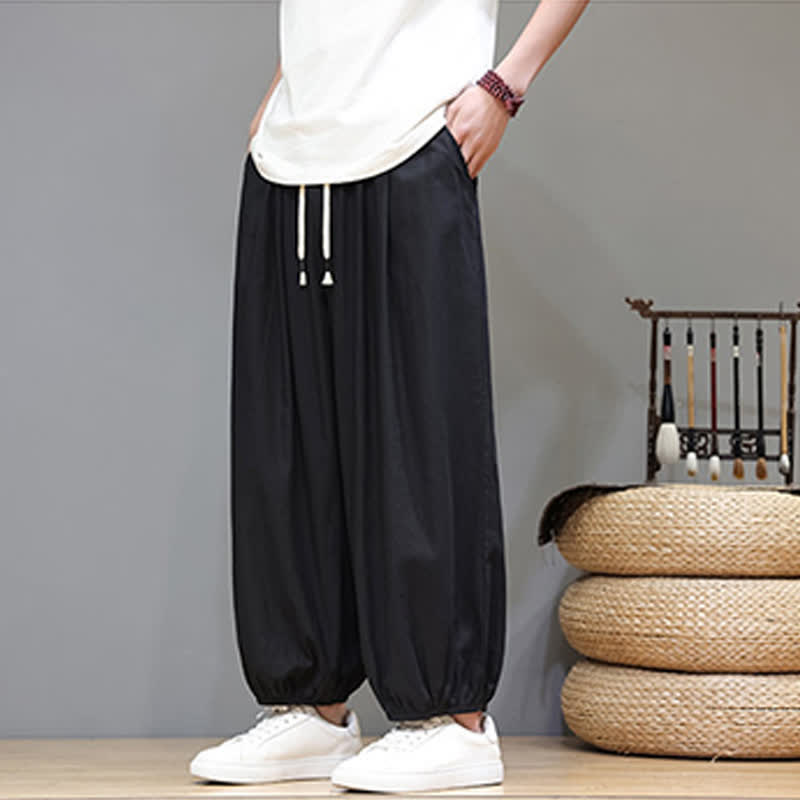 Nimara Ritual Summer Zen Elastic Waist Cuff Men's Cropped Harem Pants With Pockets
