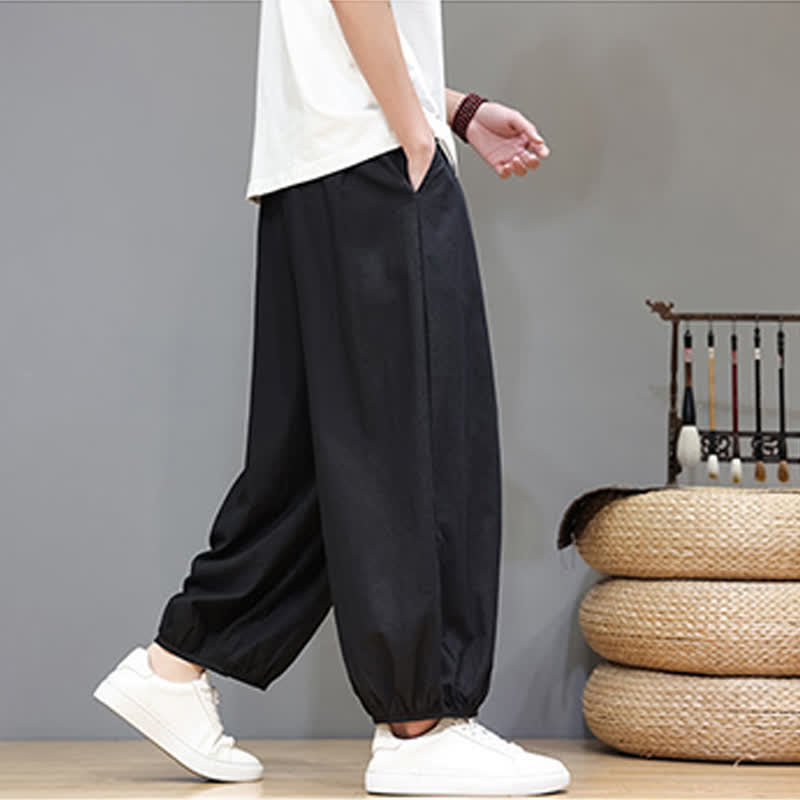 Nimara Ritual Summer Zen Elastic Waist Cuff Men's Cropped Harem Pants With Pockets