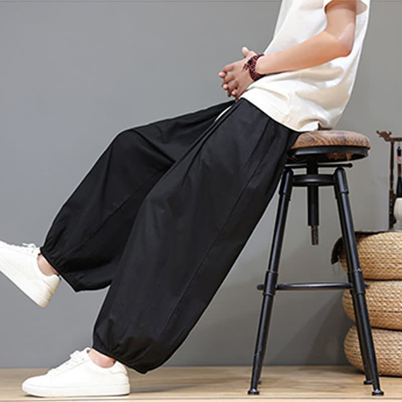 Nimara Ritual Summer Zen Elastic Waist Cuff Men's Cropped Harem Pants With Pockets