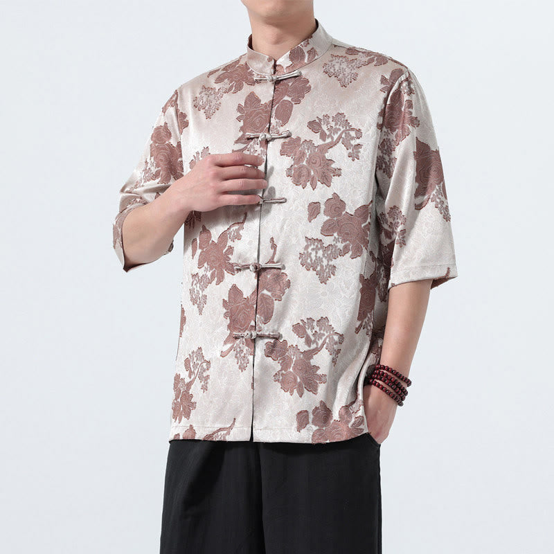 Nimara Ritual Summer Tang Style Mandarin Collar Frog Button Floral Jacquard Men's Elbow-Length Sleeve Shirt