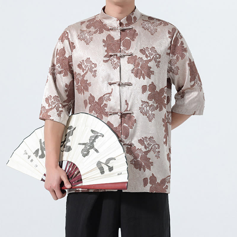 Nimara Ritual Summer Tang Style Mandarin Collar Frog Button Floral Jacquard Men's Elbow-Length Sleeve Shirt