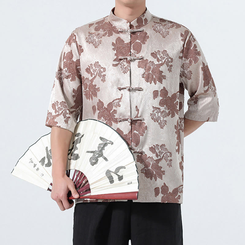 Nimara Ritual Summer Tang Style Mandarin Collar Frog Button Floral Jacquard Men's Elbow-Length Sleeve Shirt