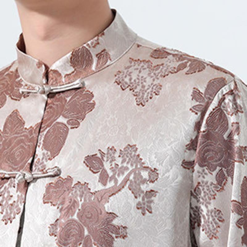 Nimara Ritual Summer Tang Style Mandarin Collar Frog Button Floral Jacquard Men's Elbow-Length Sleeve Shirt