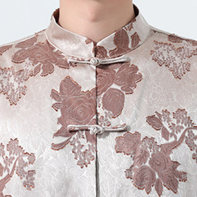 Nimara Ritual Summer Tang Style Mandarin Collar Frog Button Floral Jacquard Men's Elbow-Length Sleeve Shirt