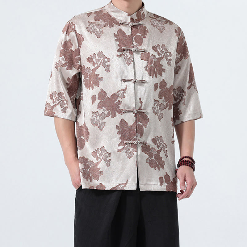 Nimara Ritual Summer Tang Style Mandarin Collar Frog Button Floral Jacquard Men's Elbow-Length Sleeve Shirt
