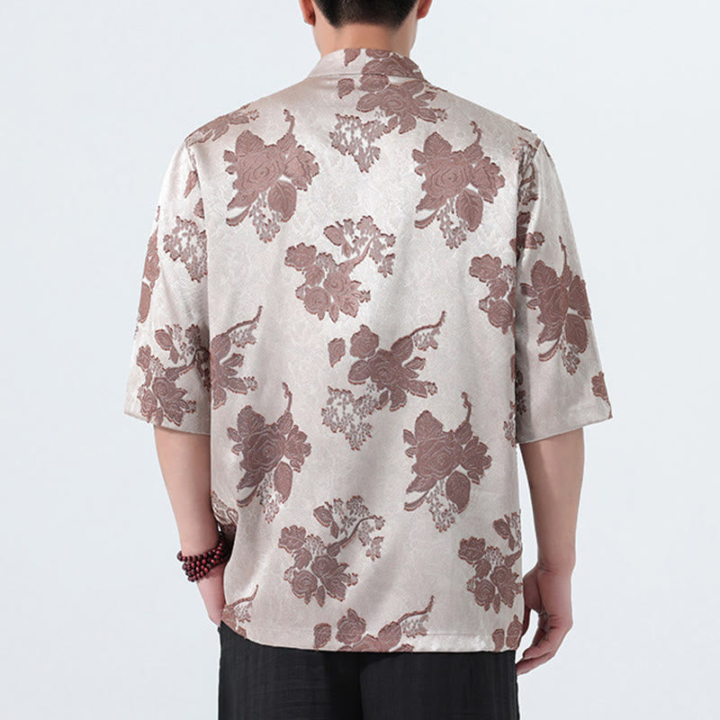 Nimara Ritual Summer Tang Style Mandarin Collar Frog Button Floral Jacquard Men's Elbow-Length Sleeve Shirt