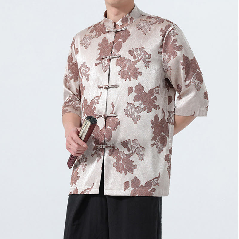 Nimara Ritual Summer Tang Style Mandarin Collar Frog Button Floral Jacquard Men's Elbow-Length Sleeve Shirt
