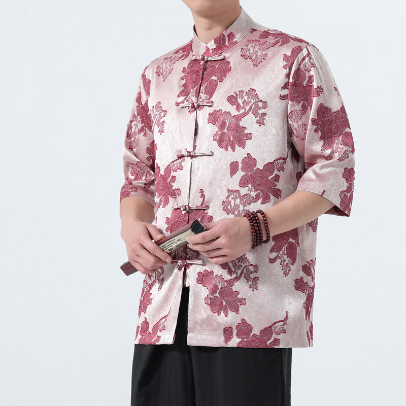 Nimara Ritual Summer Tang Style Mandarin Collar Frog Button Floral Jacquard Men's Elbow-Length Sleeve Shirt