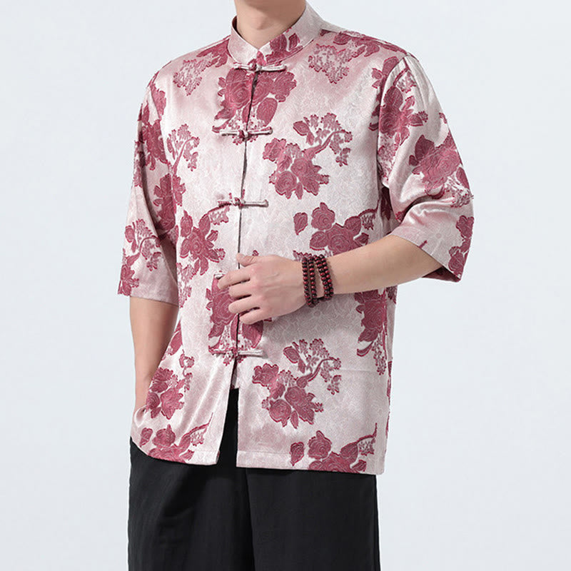 Nimara Ritual Summer Tang Style Mandarin Collar Frog Button Floral Jacquard Men's Elbow-Length Sleeve Shirt