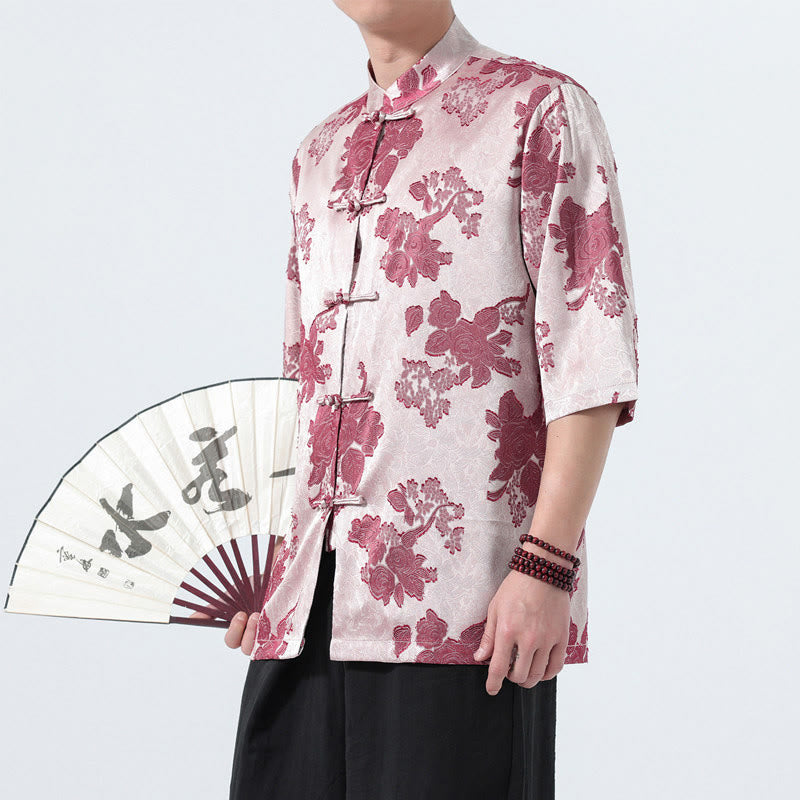 Nimara Ritual Summer Tang Style Mandarin Collar Frog Button Floral Jacquard Men's Elbow-Length Sleeve Shirt