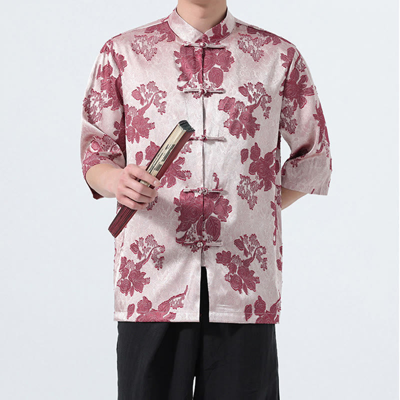 Nimara Ritual Summer Tang Style Mandarin Collar Frog Button Floral Jacquard Men's Elbow-Length Sleeve Shirt