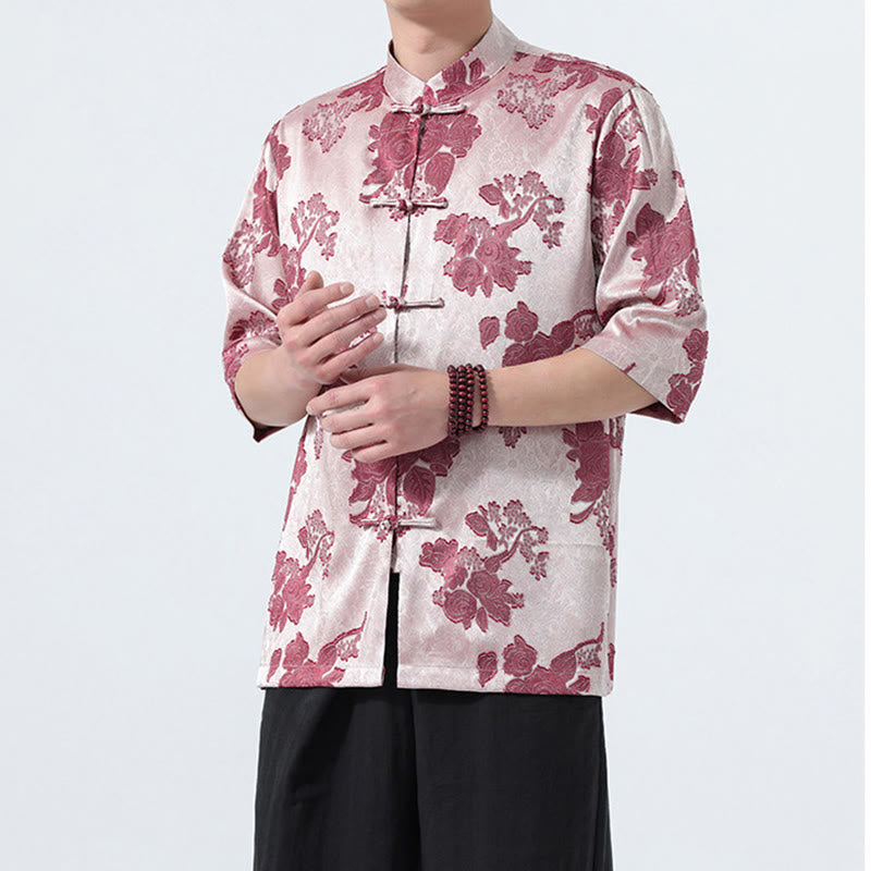 Nimara Ritual Summer Tang Style Mandarin Collar Frog Button Floral Jacquard Men's Elbow-Length Sleeve Shirt