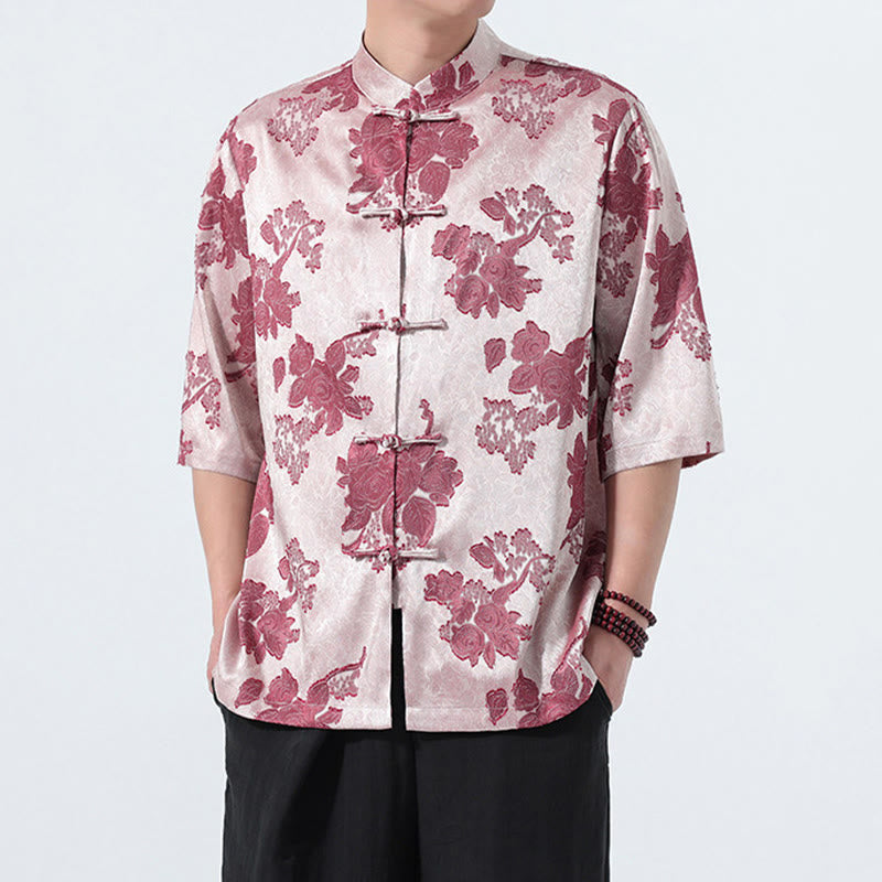 Nimara Ritual Summer Tang Style Mandarin Collar Frog Button Floral Jacquard Men's Elbow-Length Sleeve Shirt