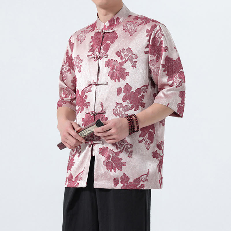 Nimara Ritual Summer Tang Style Mandarin Collar Frog Button Floral Jacquard Men's Elbow-Length Sleeve Shirt