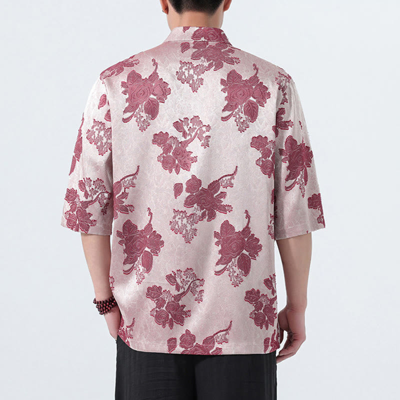 Nimara Ritual Summer Tang Style Mandarin Collar Frog Button Floral Jacquard Men's Elbow-Length Sleeve Shirt