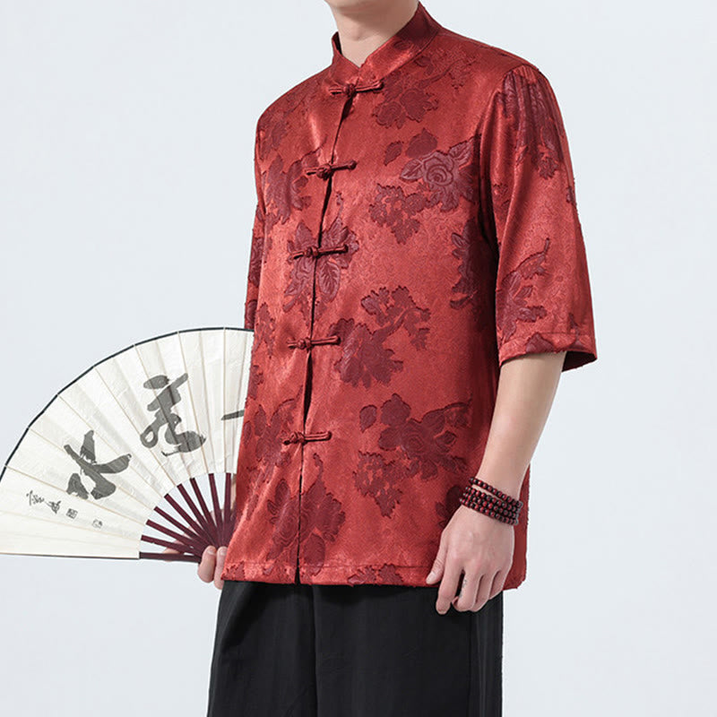 Nimara Ritual Summer Tang Style Mandarin Collar Frog Button Floral Jacquard Men's Elbow-Length Sleeve Shirt