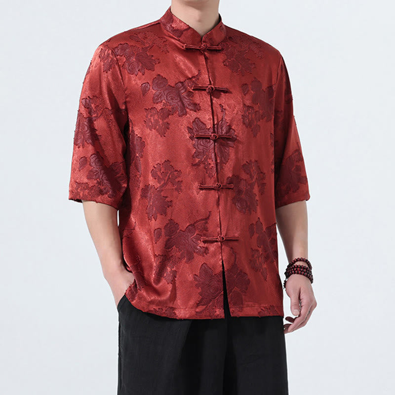 Nimara Ritual Summer Tang Style Mandarin Collar Frog Button Floral Jacquard Men's Elbow-Length Sleeve Shirt