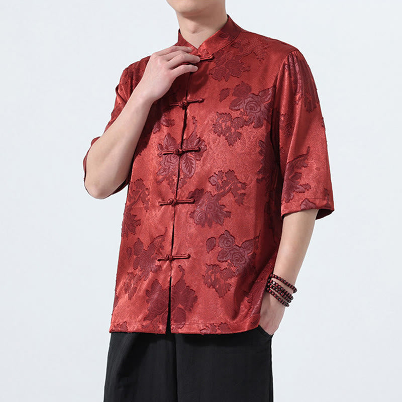Nimara Ritual Summer Tang Style Mandarin Collar Frog Button Floral Jacquard Men's Elbow-Length Sleeve Shirt