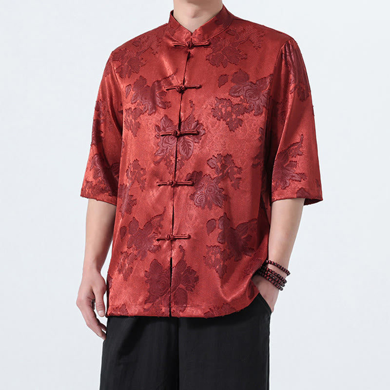 Nimara Ritual Summer Tang Style Mandarin Collar Frog Button Floral Jacquard Men's Elbow-Length Sleeve Shirt