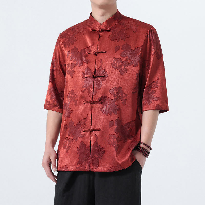 Nimara Ritual Summer Tang Style Mandarin Collar Frog Button Floral Jacquard Men's Elbow-Length Sleeve Shirt