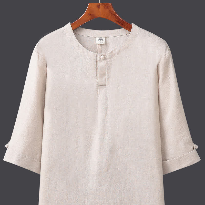 Nimara Ritual Spring Summer Minimalist Button-Up Solid Linen Men's Elbow-Length Sleeve Shirt