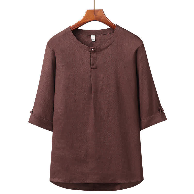 Nimara Ritual Spring Summer Minimalist Button-Up Solid Linen Men's Elbow-Length Sleeve Shirt