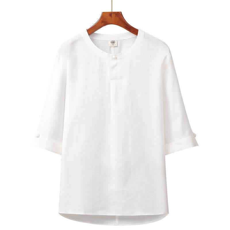 Nimara Ritual Spring Summer Minimalist Button-Up Solid Linen Men's Elbow-Length Sleeve Shirt